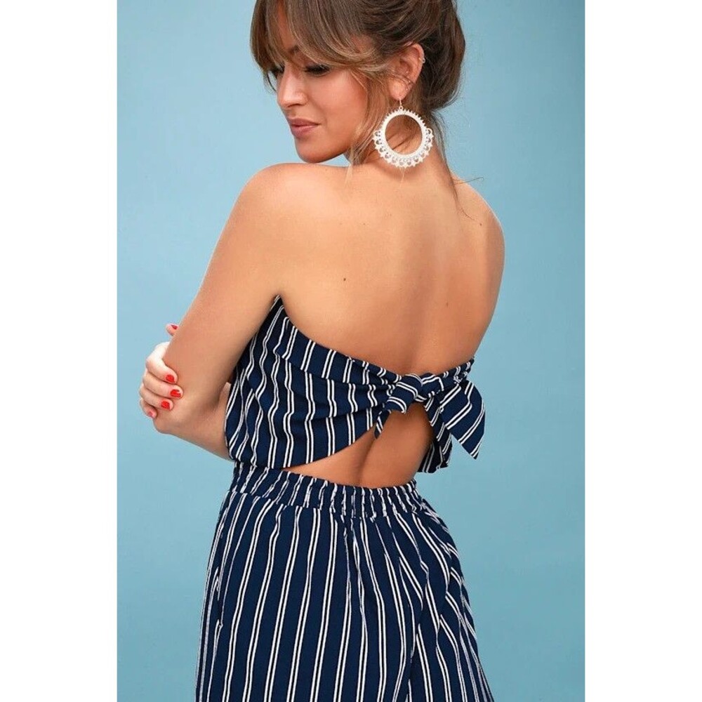 Lulus Striped Strapless Tie Back Wide Leg Culotte Jumpsuit Women Small Navy Blue